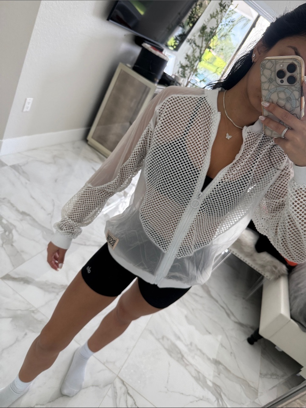 White Mesh Zip-Up Athletic Jacket